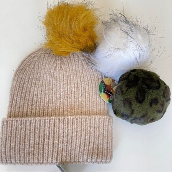 Anthropologie Pick A Pom Beanie Stocking Hat Bronze Set 3 Poms Green White NWT main image 8